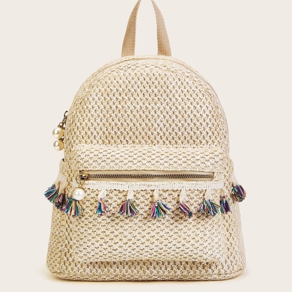 Bellanblue Handbags - Boho Cream Straw Tassel Zipper Mini Backpack
